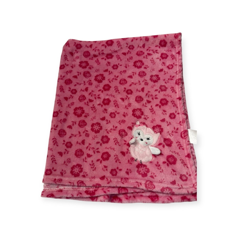 le bebe Favorite Light & Dark Pink Floral Owl‎ Appliqué Plush Baby Blanket 28x34